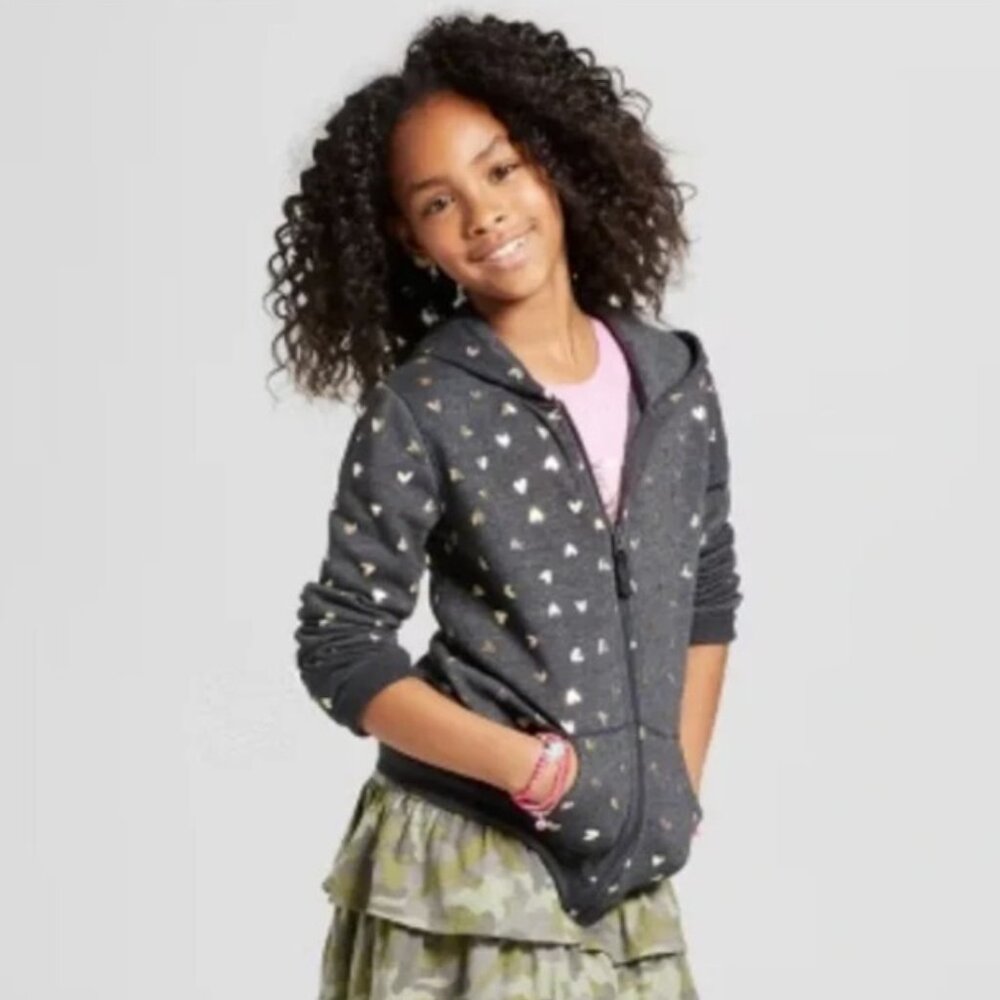 Cat & Jack girls gray hooded sweatshirt with hearts, XL (14-16)